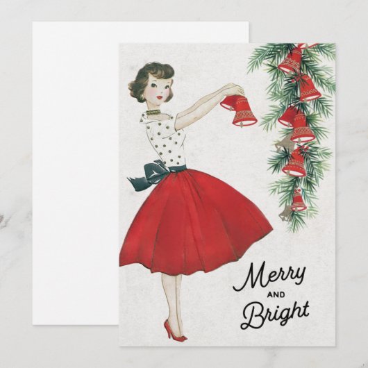 Retro kerstdame Hanging Bells Feestdagenkaart (Voorkant / Achterkant)