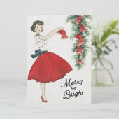 Retro kerstdame Hanging Bells Feestdagenkaart (Staand voorkant)