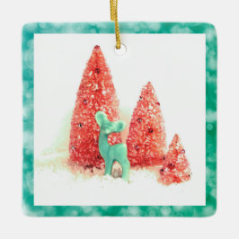 Retro-kerstdeer met Aqua-Lijst Keramisch Ornament