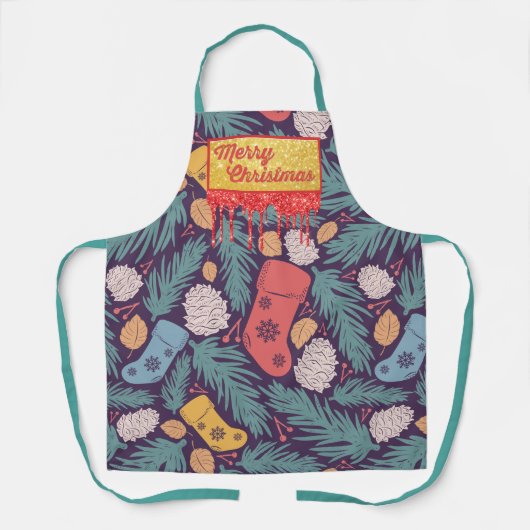 Retro kerstdruk rood afdrukken & goudglitter schort (Voorkant)