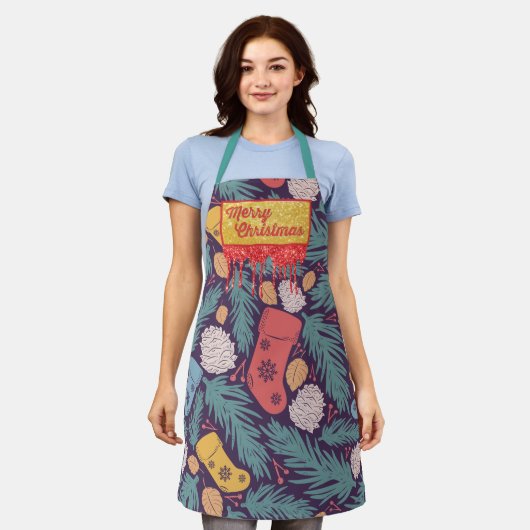 Retro kerstdruk rood afdrukken & goudglitter schort (Gedragen)