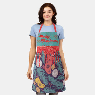 Retro kerstdruk rood afdrukken & goudglitter schort