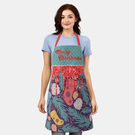 Retro kerstdruk rood afdrukken & goudglitter schort (Gedragen)