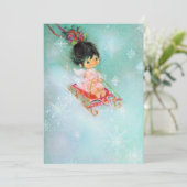 Retro-kerstengel op de feestdag in Sled Feestdagenkaart (Staand voorkant)