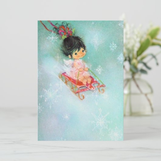  Retro-kerstengel op de feestdag in Sled Feestdagenkaart (Staand voorkant)