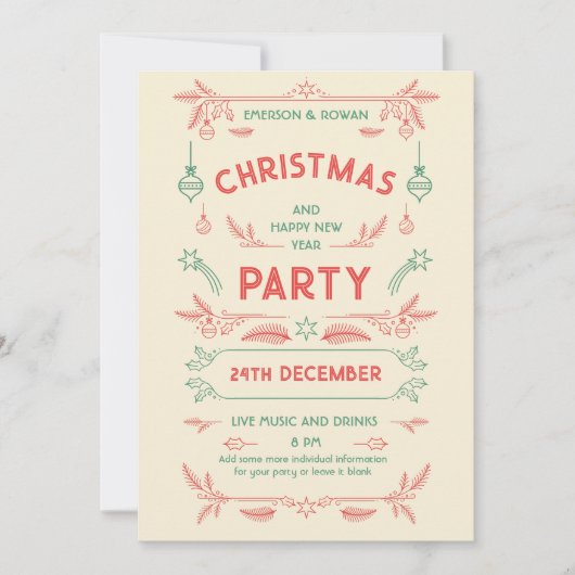 Retro Kerstfeest Rood & Groen met Ornamenten Kaart (Voorkant)