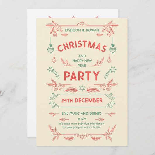 Retro Kerstfeest Rood & Groen met Ornamenten Kaart (Voorkant / Achterkant)