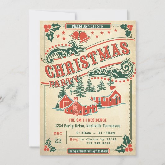 Retro Kerstfeest  Rustieke Uitnodiging (Voorkant)