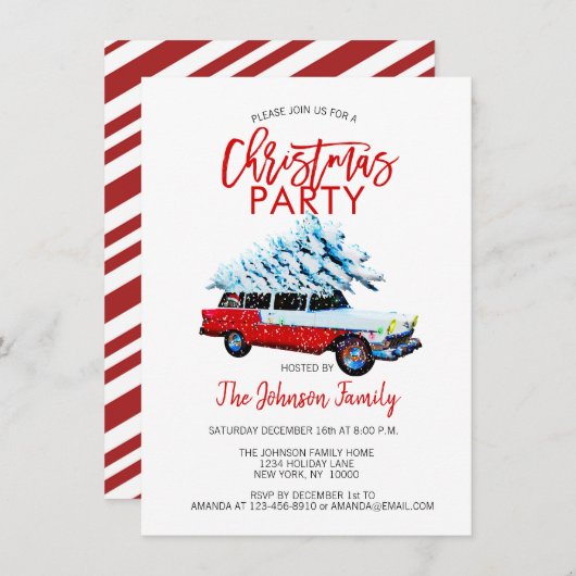 Retro kerstfeest station Wagon Tree Red White Kaart (Voorkant / Achterkant)