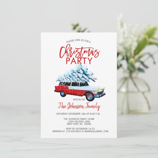 Retro kerstfeest station Wagon Tree Red White Kaart (Staand voorkant)