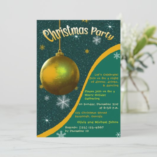 Retro Kerstfeest uitnodiging Groen en goud (Staand voorkant)