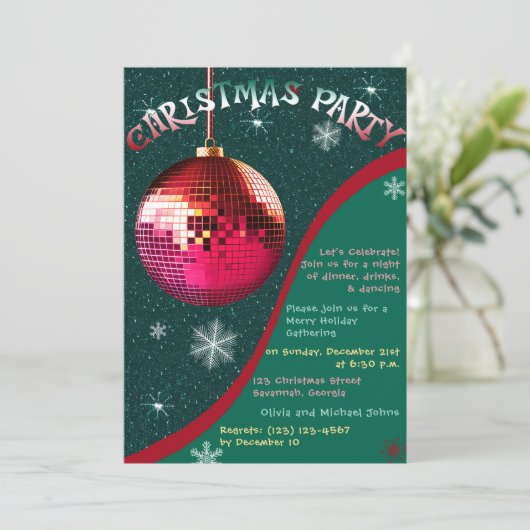 Retro Kerstfeest uitnodiging Groen en rood (Staand voorkant)