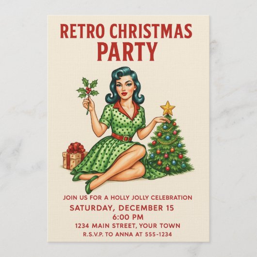 Retro Kerstfeest Uitnodiging | Vintage Pin-Up (Voorkant)