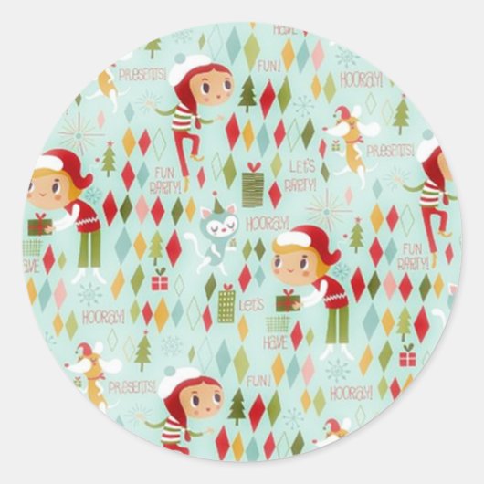 Retro kerstfeestdag cadeautjes en kaartjes ronde sticker (Voorkant)