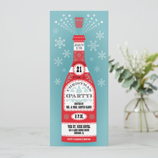 Retro kerstfeestfeest Champagne Kaart (Staand voorkant)