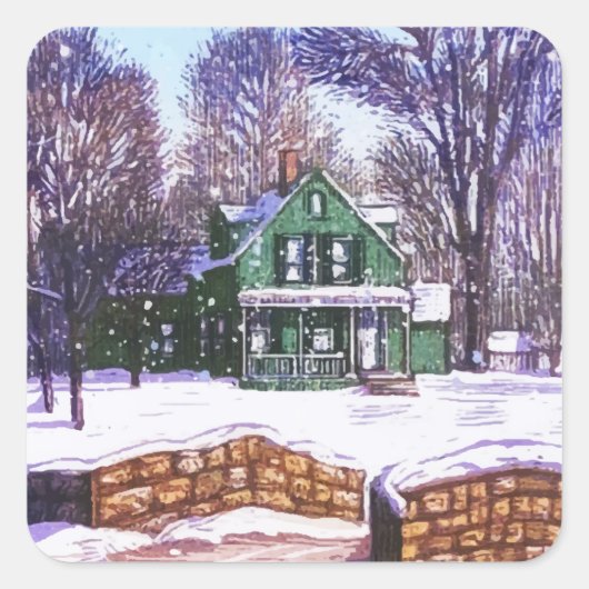 Retro KerstGreenery Winter Home Road Vierkante Sticker (Voorkant)