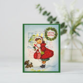  retro kerstgroet meisje met puppy feestdagenkaart (Staand voorkant)