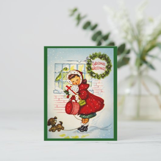  retro kerstgroet meisje met puppy feestdagenkaart (Staand voorkant)