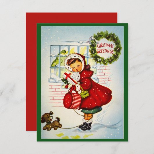 retro kerstgroet meisje met puppy feestdagenkaart (Voorkant / Achterkant)