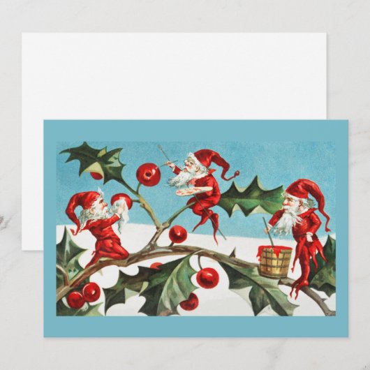  Retro kerstKaart Holly & Pixies (Voorkant / Achterkant)