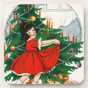 Retro kerstkaart, kind en kerstboom bier onderzetter