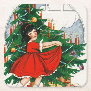 Retro kerstkaart, kind en kerstboom kartonnen onderzetters