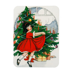 Retro kerstkaart, kind en kerstboom magneet