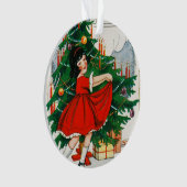 Retro kerstkaart, kind en kerstboom ornament (voorkant)