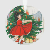 Retro kerstkaart, kind en kerstboom ornament (achterkant)