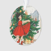 Retro kerstkaart, kind en kerstboom ornament (voorkant)