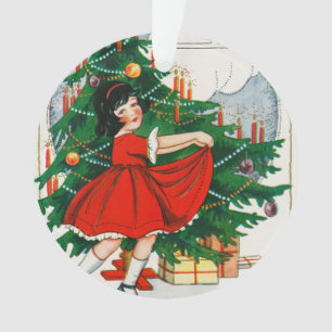 Retro kerstkaart, kind en kerstboom ornament