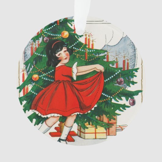 Retro kerstkaart, kind en kerstboom ornament (voorkant)