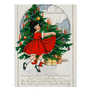 Retro kerstkaart, kind en kerstboom perfect poster