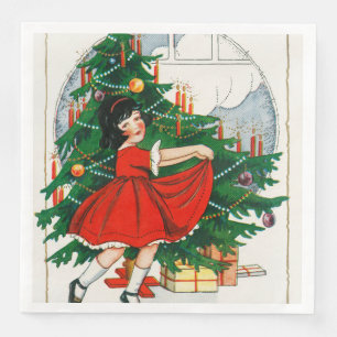 Retro kerstkaart, kind en kerstboom servet