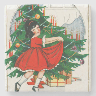 Retro kerstkaart, kind en kerstboom stenen onderzetter