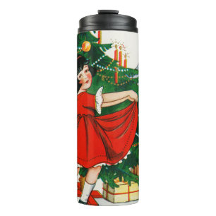 Retro kerstkaart, kind en kerstboom thermosbeker