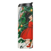 Retro kerstkaart, kind en kerstboom thermosbeker (Gedraaid links)
