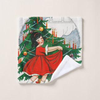 Retro kerstkaart, kind en kerstboom washandje