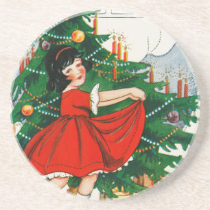 Retro kerstkaart, kind en kerstboom zandsteen onderzetter