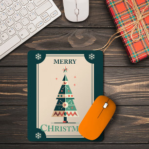 Retro kerstkaart met geometrisch kerstboomontwerp muismat
