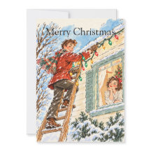 Retro kerstkaart met huislichten en ladder