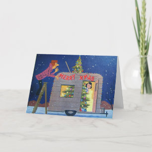 RETRO KERSTKAART VOOR CAMPERS HUISJE FEESTDAGEN KAART