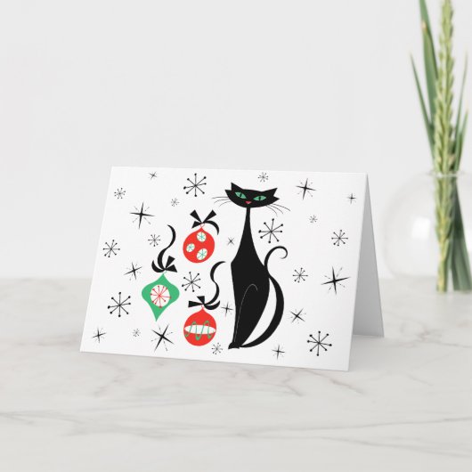 Retro Kerstkat Prettig Kerstmis horizontaal Feestdagen Kaart (Voorkant)