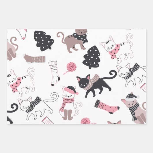 Retro Kerstkatten Inpakpapier Vel (Voorkant)