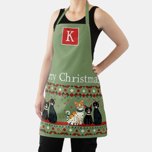Retro Kerstkatten monogram Schort (Insitu)