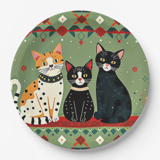 Retro Kerstkatten Papieren Bordje (Voorkant)