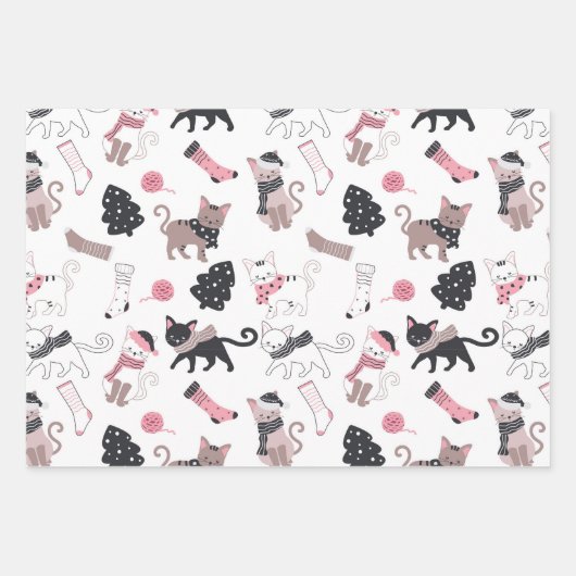 Retro Kerstkatten Roze Grijs Inpakpapier Vel (Voorkant)