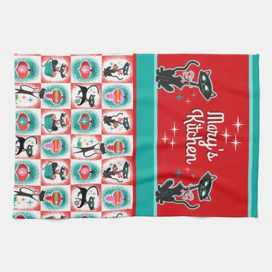 Retro Kerstkatten -  Theedoek (Horizontaal)