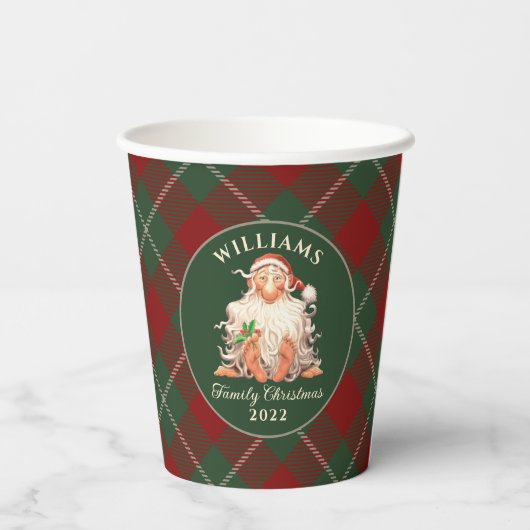 Retro kerstkerst met naam en jaar papieren bekers (Achterkant)