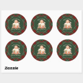 Retro kerstkerst met naam en jaar ronde sticker (Vel)